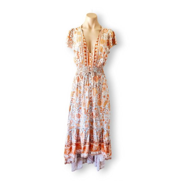 Honey Bunch blue orange + tan floral print high-low boho maxi dress fits AU 8-14 - Picture 12 of 15